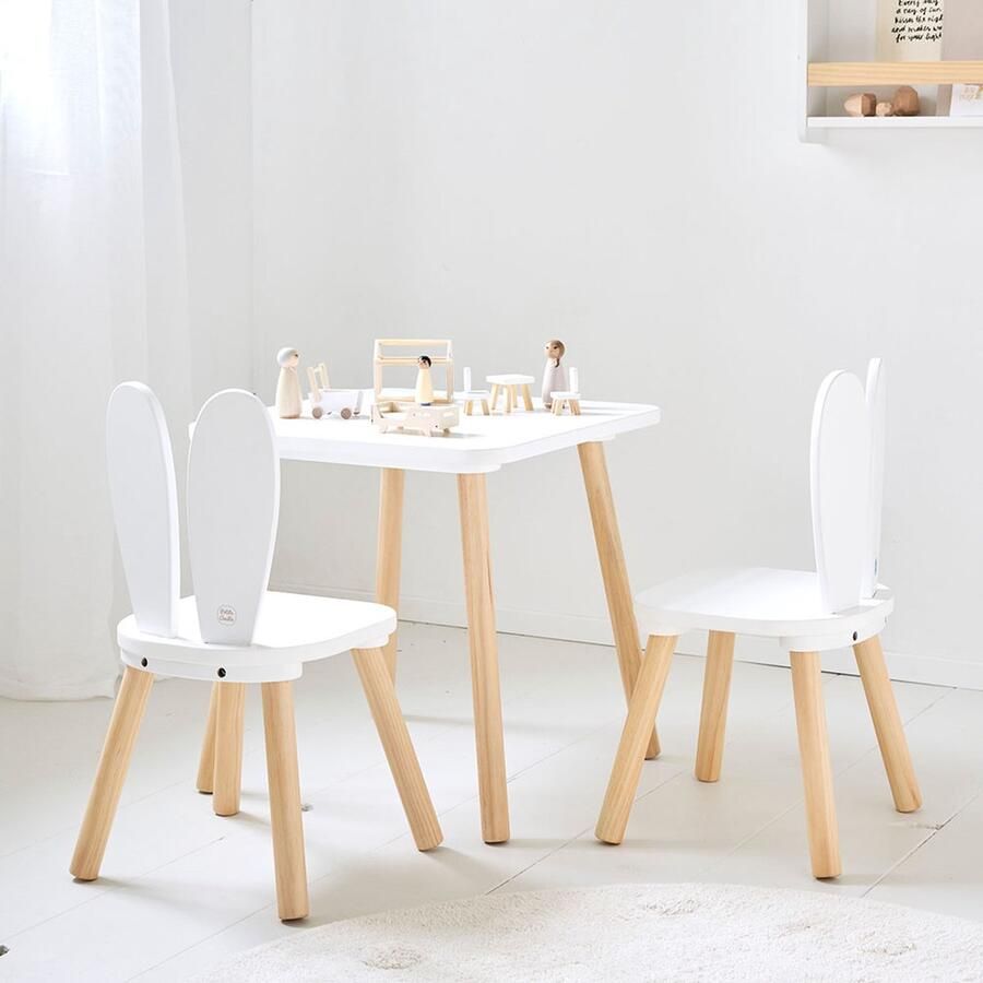 Petite Amelie Petite Amélie Kinderstoel (2x) met Tafel Kinderstoeljes voor Peuter met Kindertafel Eethoek set met Konijnenoren Veilig door Poten van Massief Hout Makkelijk schoon te houden Wit en Naturel