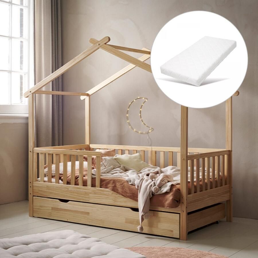 Petite Amelie Bedhuisje 80x160 cm Warm Naturel met Matras Montessori Peuterbed voor uren Speelplezier Huisbed inc. beschermende Bedhekjes Maison Collectie