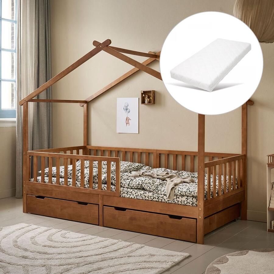Petite Amelie Bedhuisje 90x200 cm Walnoot met Matras Montessori Peuterbed voor uren Speelplezier Huisbed inc. beschermende Bedhekjes Maison Collectie