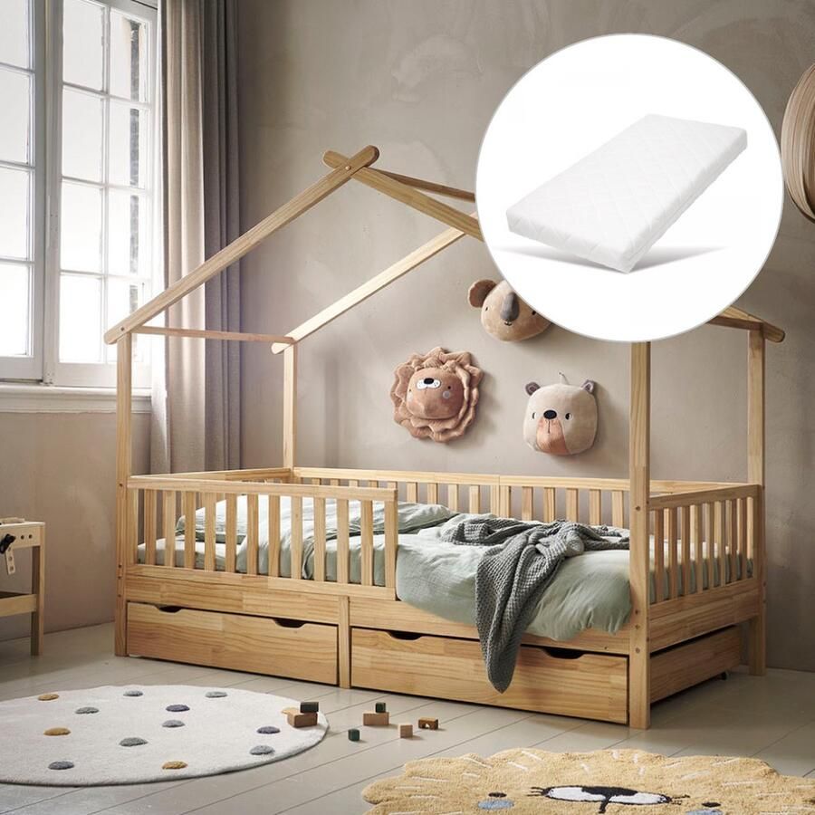 Petite Amelie Bedhuisje 90x200 cm Warm Naturel met Matras Montessori Peuterbed voor uren Speelplezier Huisbed inc. beschermende Bedhekjes Maison Collectie