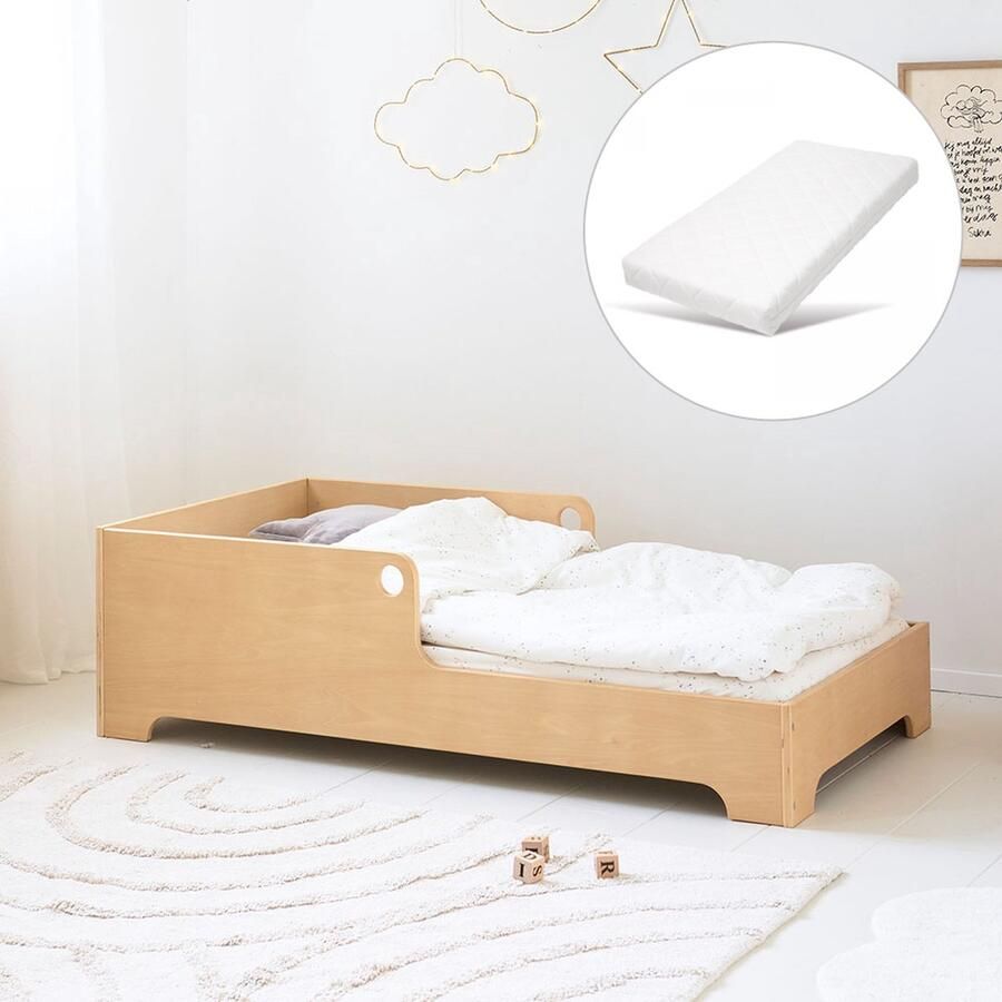 Petite Amelie Montessori Peuterbed met matras 140x70 cm Naturel Vloerbed met Uitvalbescherming Kinderbed geïnspireerd op Montessori-principes Ellipse Collectie