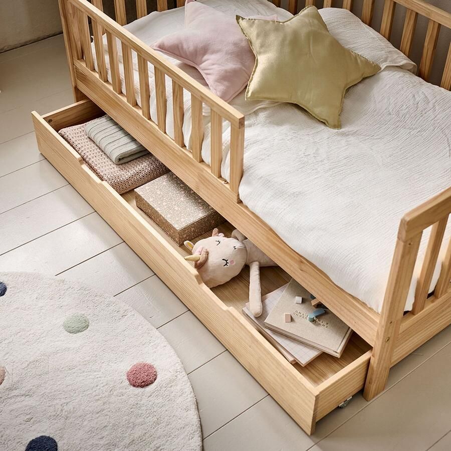 Petite Amelie Opberglade 'Plume' Naturel 140x70cm – Bedlade op Wieltjes Onderschuiflade – Extra Opbergruimte voor Beddengoed Speelgoed en Knuffels – Stoere Uitstraling voor het 'Plume' Peuterbed