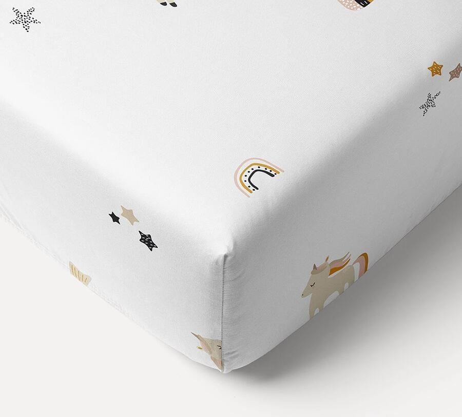 Petite Amelie Petite Amélie Hoeslaken Unicorn Print- Wit 90x200 cm 100% Katoen Eenpersoonsbed