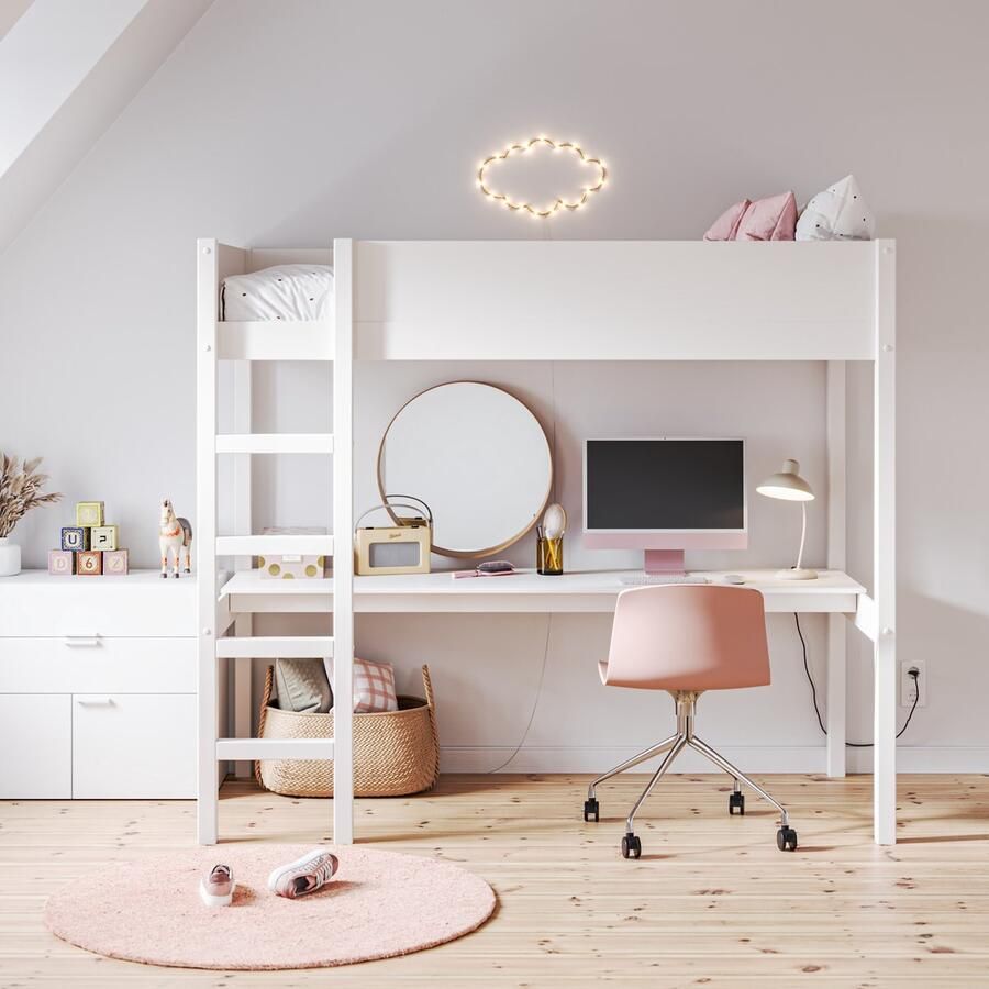 Petite Amelie Kinderbed Hoogslaper met bureau Ruimtebesparende oplossing voor kinderkamers Creëer meer speelruimte voor uw kind 180 cm hoogte Ligoppervlak 200 x 90 cm Wit Sommet Collectie