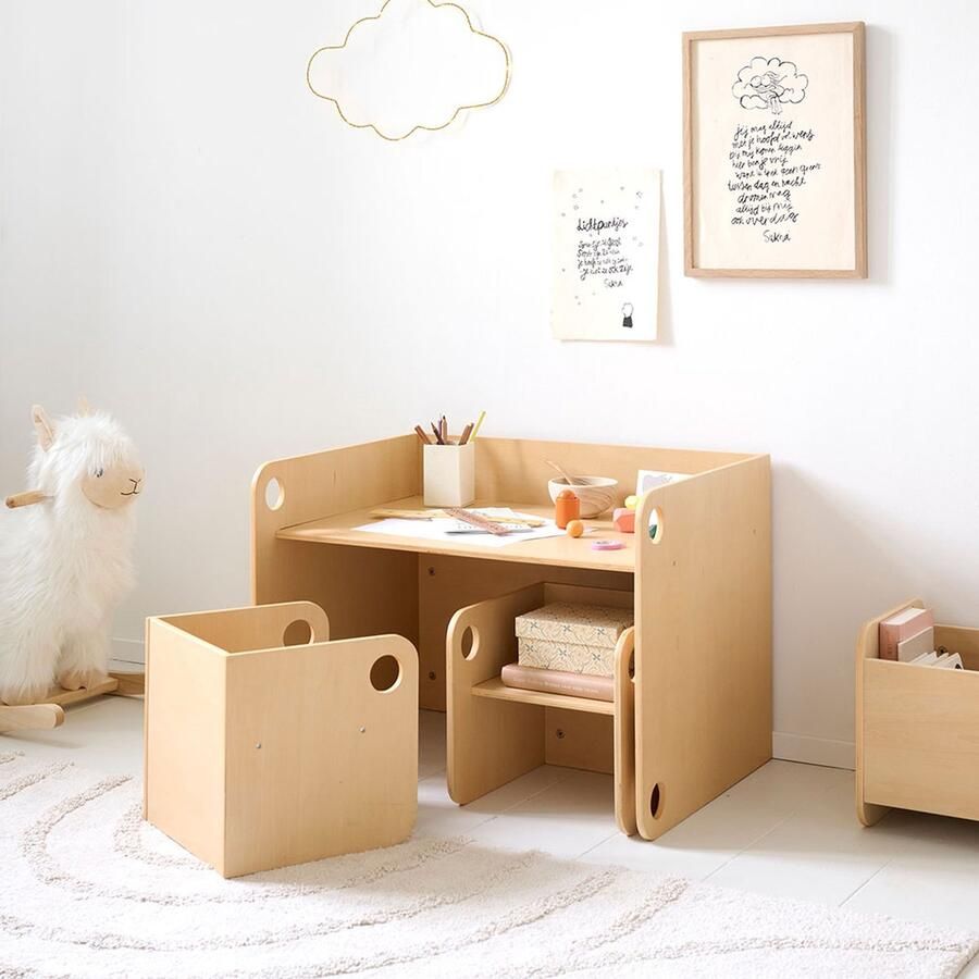 Petite Amelie Petite Amélie Houten Activiteiten tafel met Twee Stoeltjes Naturel – Speeltafel volgens Montessori-Principes – Kindvriendelijk Stijlvol en Ruimtebesparend – Perfect voor Creatief en Veilig Spelen – Ellipse Collectie - Foto 2