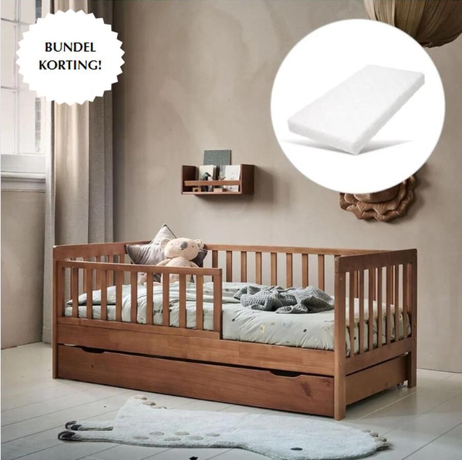 Petite Amelie Peuterbed 140x70 cm met Matras Walnootkleur (Premium) Kinderbed Creëer een Veilige & Stijlvolle Slaapomgeving Voor Kleintjes die Hun Ledikant Ontgroeid Zijn Plume Collectie