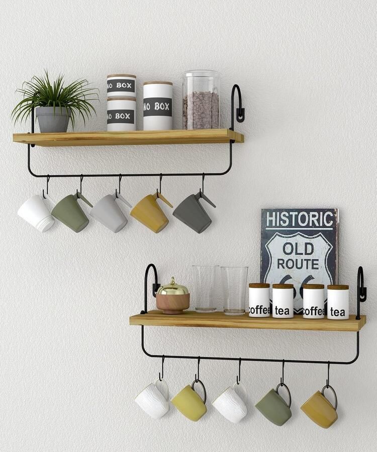 Petrala Houten wandrek koffiebar keukenrek twee planken set van 2 wandbord met handdoekhouder haak rustiek vintage industrieel design decoratieve hangrekken voor badkamer woonkamer kopjesrek
