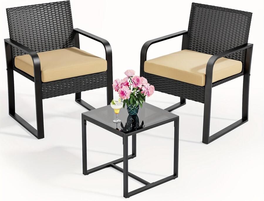 Petsite 3-delige Rattan Tuinset – Balkonset – Loungeset – Bistroset – Tuinmeubelset – Gele Kussens – Duurzaam Rattan – Glazen Tafelblad