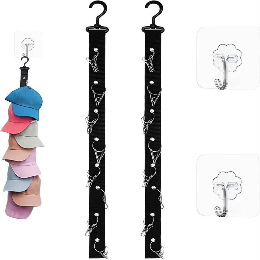 Peysaitr 2-delige hoedenrek set wandmontage hoeden organizer met 16 roestvrijstalen clips & 2 zelfklevende haken hoeden organizer voor kast en muur 70 cm zwart