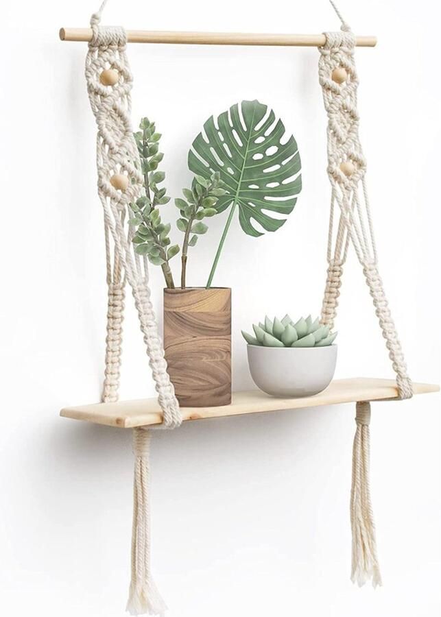 Peysaitr Houten Wandplank Macramé Boho Decoratieve Zwevende Plank Kwastjes Handgeweven Woonkamer Badkamer Hangende Plank