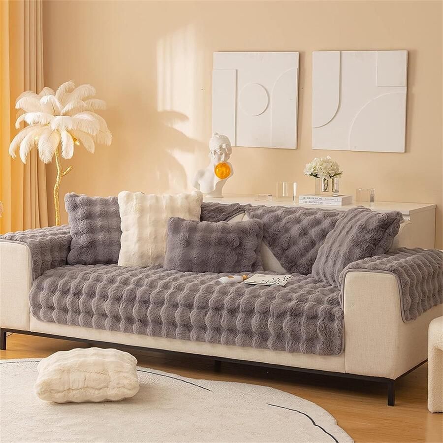 Peysaitr Pluche Sofahoes L-vorm 1 2 3 4 Zits Sofahoes Hoekbank U-vorm 2023 Nieuwe Universele Antislip Sofabeschermers Superzachte Kunstbont Sofahoes voor Woonkamer (Grijs 70 * 180cm)