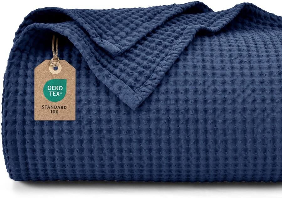 PHF 100% katoenen wafeldeken 220x240cm lichtgewicht en ademend perfect voor de zomer Oeko-TEX gecertificeerd Hotellinnenkwaliteit Ideaal voor bank bed marineblauw