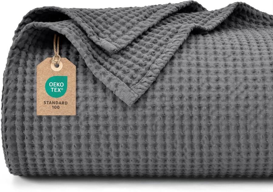 PHF 100% katoenen wafeldeken 220x240cm lichtgewicht en ademend perfect voor de zomer Oeko-TEX gecertificeerd Hotellinnenkwaliteit Ideaal voor bank bed antraciet