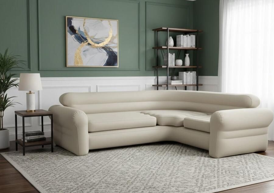 Philips Ganeey Luxe Opblaasbare Hoekbank – Comfortabele XXL Luchtbank voor Binnen & Buiten – 3-Persoons Slaapbank – 257 x 203 x 76 cm – Modern Design – Beige – Sterke PVC – Tot 400kg Belastbaar – Inclusief Uitneembare Kussens – Geen Montage Nodig