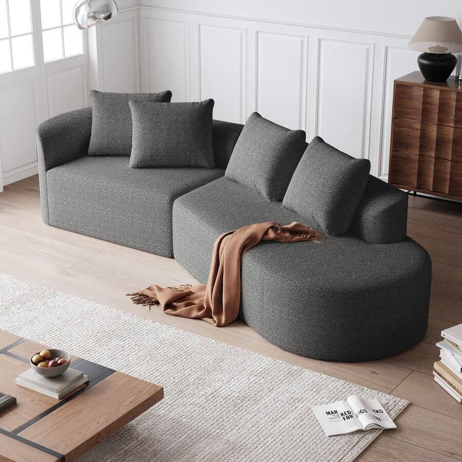 PHOEBE CAT 3-zits Bank Chenille stof Hoekbank Gebogen wolkenbank 4 kussens Donkergrijs