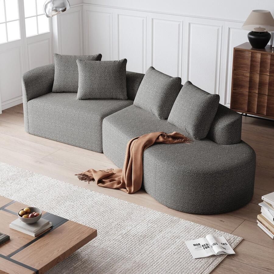 PHOEBE CAT 3-zits Bank Chenille stof Hoekbank Gebogen wolkenbank 4 kussens Lichtgrijs