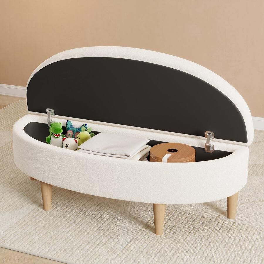 PHOEBE CAT Bedbank Halfronde zitting Opbergruimte Houten poten Imitatieviltstof Wit