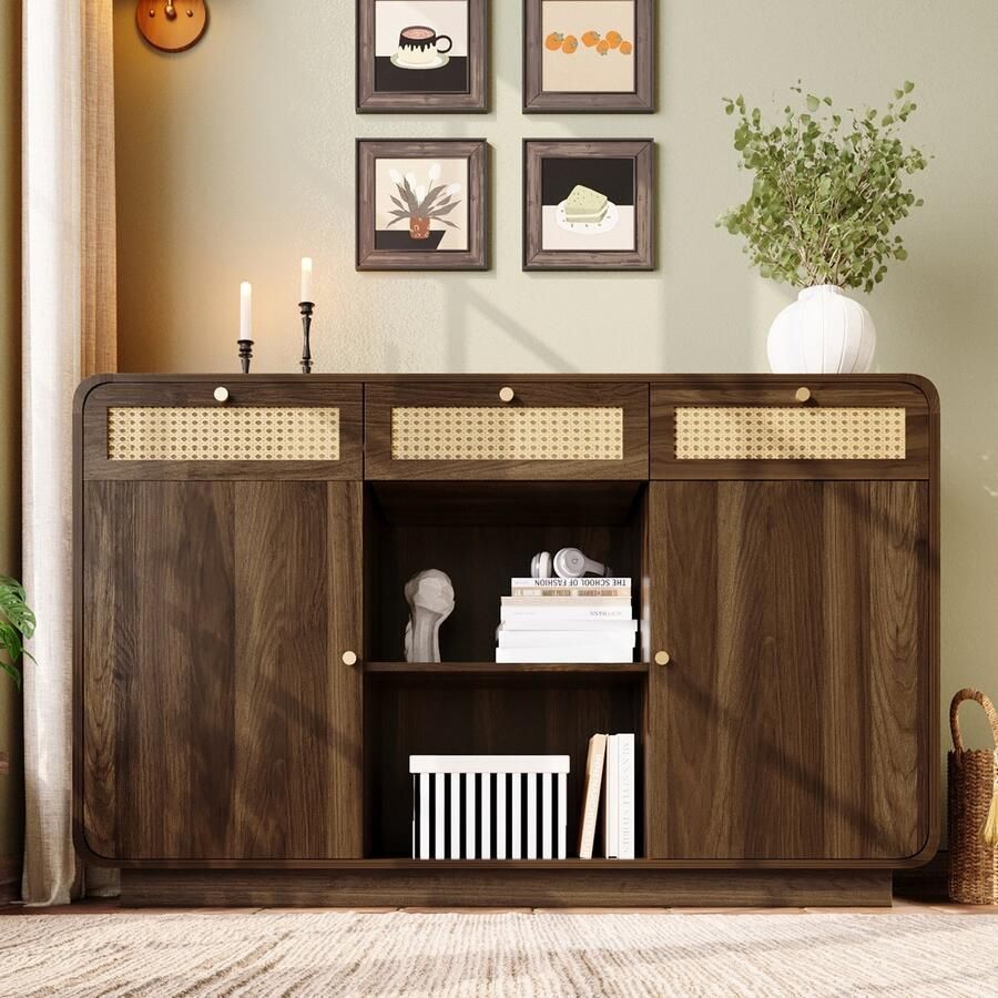 PHOEBE CAT Dressoir 3 rotan lades Metalen handgrepen Verstelbare planken 85 x 120 x 40 cm Bruin