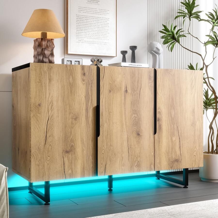 PHOEBE CAT Dressoir LED-verlichting Verstelbare planken Metalen poten Zwart + Natuurlijke