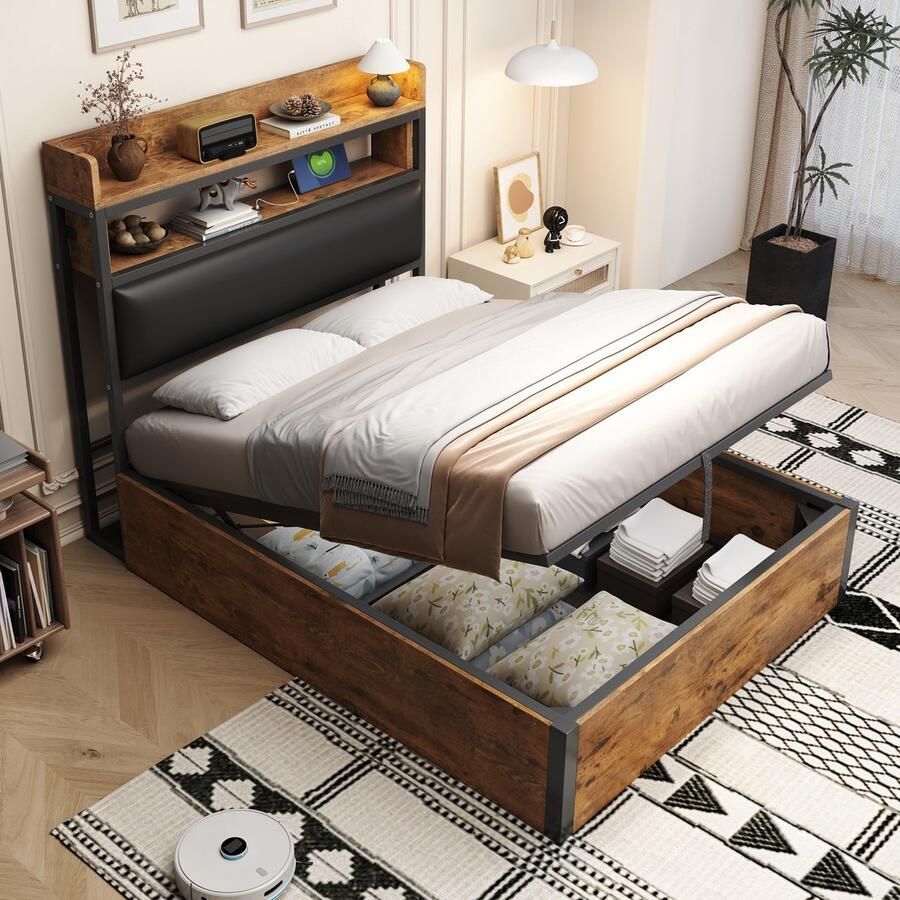 PHOEBE CAT Eenpersoonsbed 90 x 200 cm Hydraulisch hefmechanisme USB-poorten Opbergruimte Vintage bruin