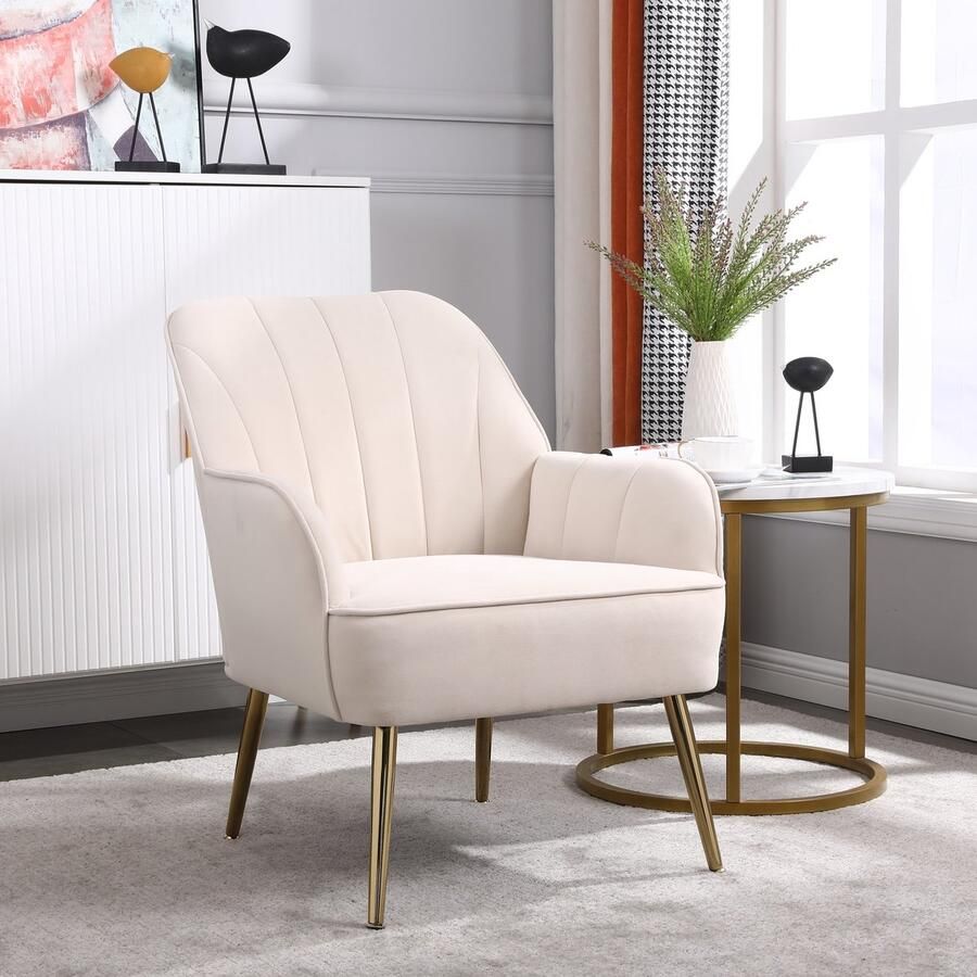 Sweiko Fauteuil Gestoffeerde stoel Velvet Metalen poten Beige