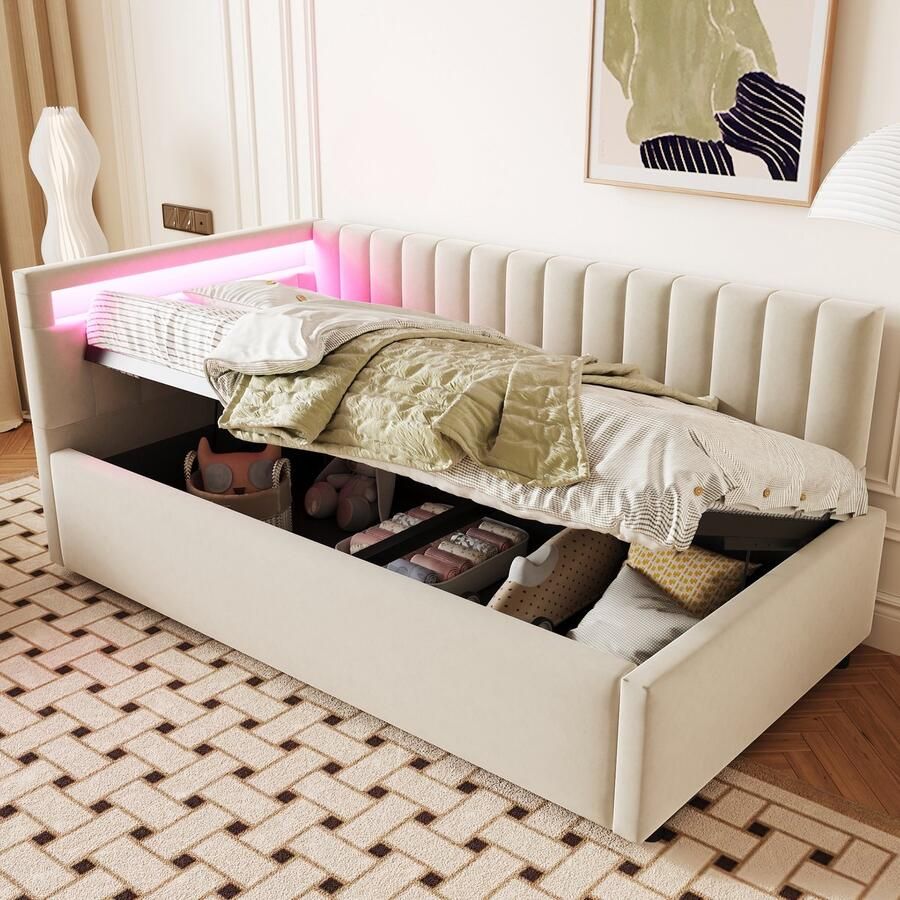 PHOEBE CAT Gestoffeerd bed 90x200cm Slaapbank Velvet LED-verlichting Opslagruimte Beige