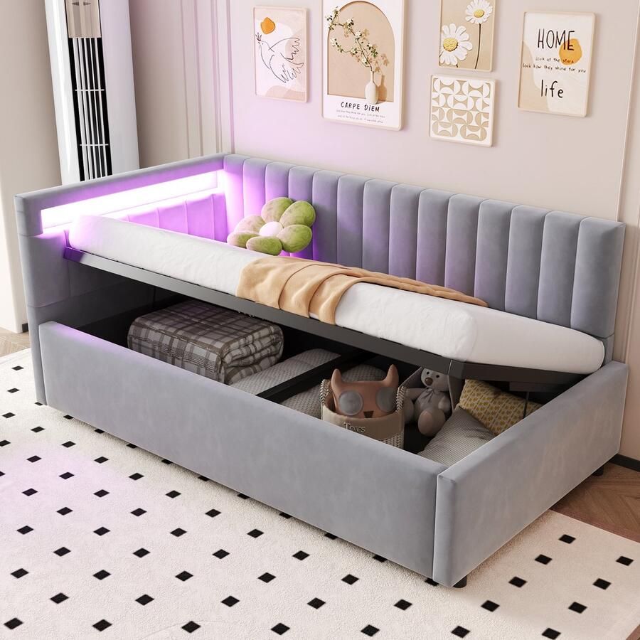 PHOEBE CAT Gestoffeerd bed 90x200cm Slaapbank Velvet LED-verlichting Opslagruimte Lichtgrijs