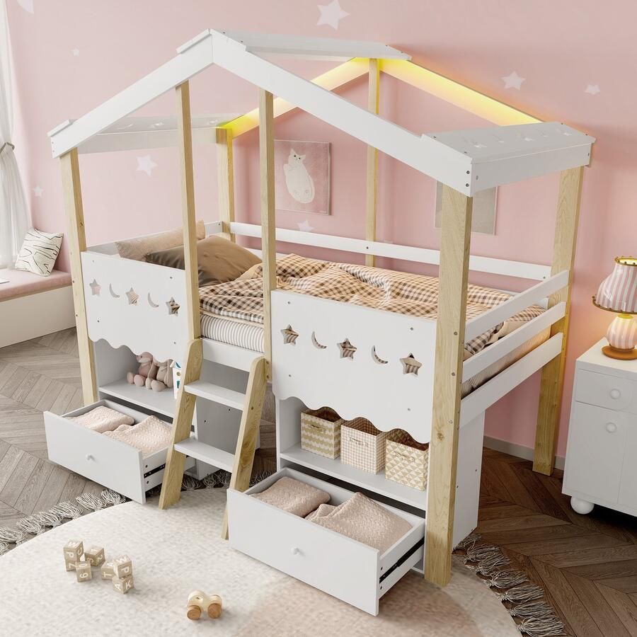 Merax Halfhoogslaper 90x200cm huistype hoogslaper 2 lades met LED-verlichting zonder matras wit naturel