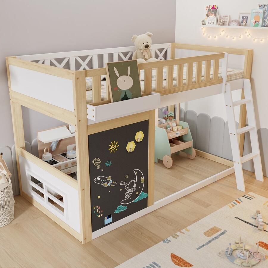 PHOEBE CAT Halfhoogslaper 90x200cm Kinderbed Met graffitibord Grenenhout + MDF Wit + Natuurlijke