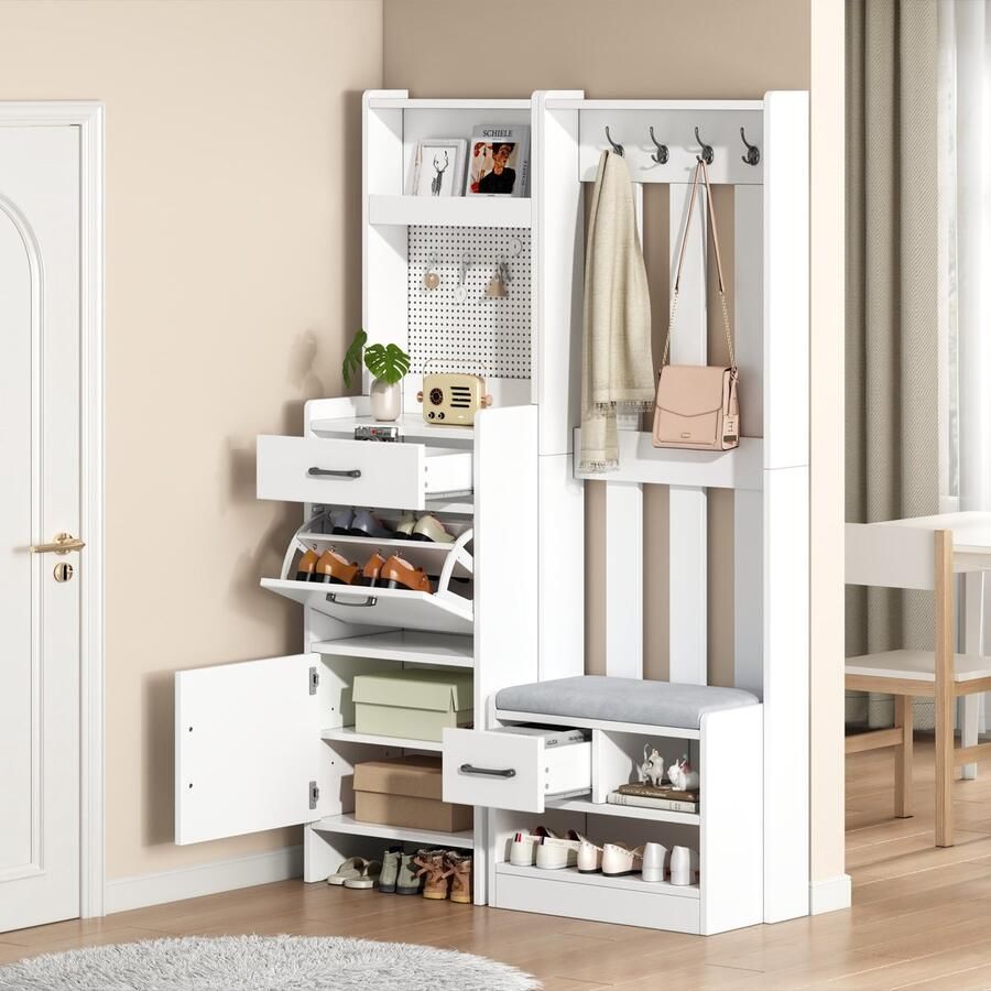 PHOEBE CAT Halmeubel 110 x 35 x 175.5 cm Met beklede schoenenbank 7 haken 2 lades Wit