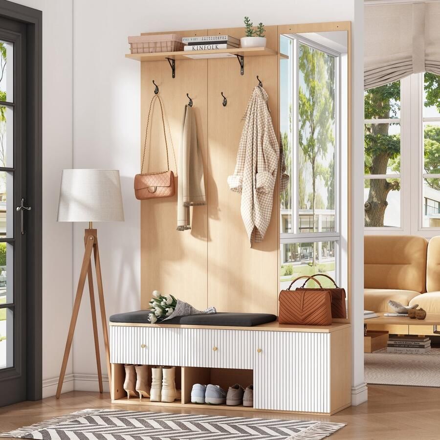 PHOEBE CAT Halmeubel 120*40*200 cm Met spiegel Gewatteerde schoenenbank 2 lades 4 haken Natuurlijke + Wit