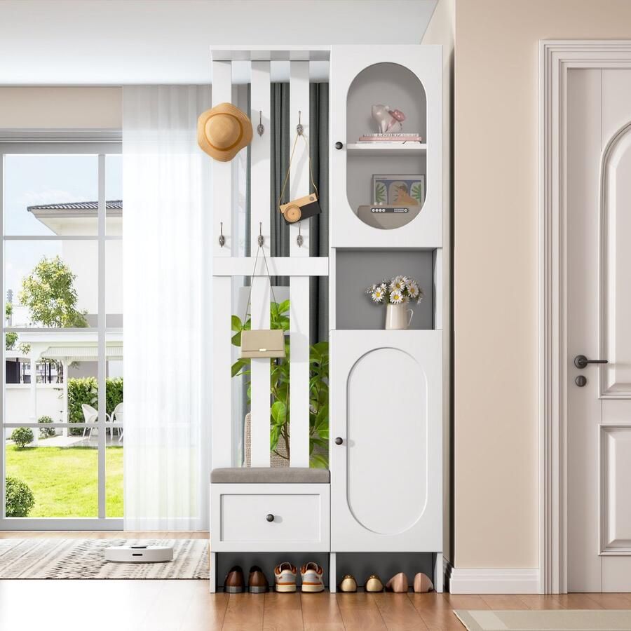 PHOEBE CAT Halmeubel 85 x 33.5 x 200 cm Glazen deuren Beklede schoenenbank Lades 6 haken Wit