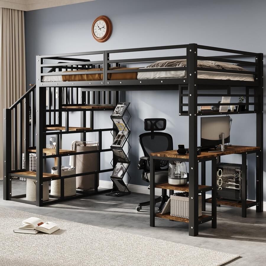 PHOEBE CAT Hoogslaper 120x200cm Met bureau Opbergplank Ijzer + Spaanplaat Zwart + Bruin