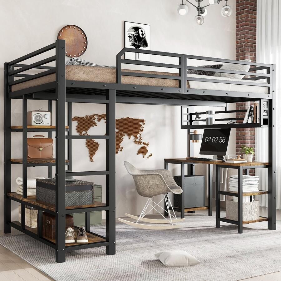 PHOEBE CAT Hoogslaper 120x200cm Met bureau Opbergplank Ijzer + Spaanplaat Zwart + Bruin