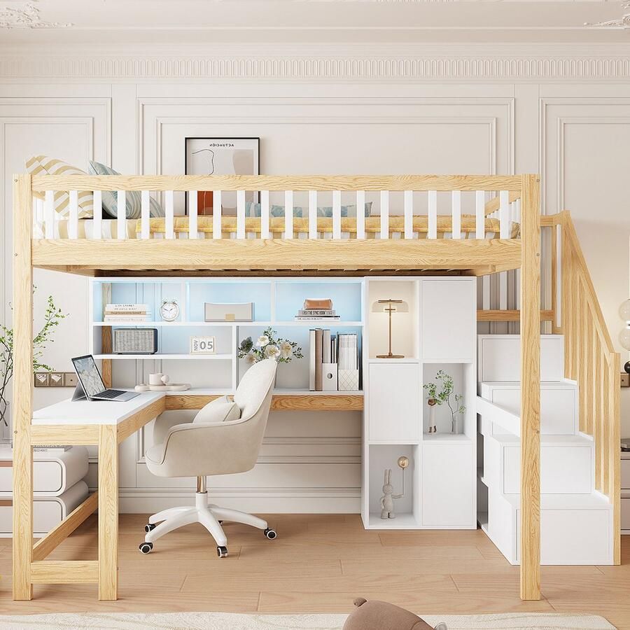 PHOEBE CAT Hoogslaper 140 x 200 cm LED-verlichting Opbergruimte Bureau Wit + Natuurlijke