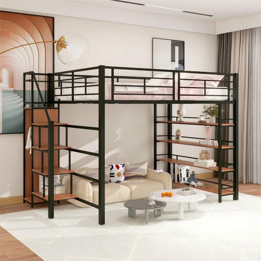 PHOEBE CAT Hoogslaper 140×200 cm Kledingkast Opbergplanken Metalen bed Zwart (Zonder bank)