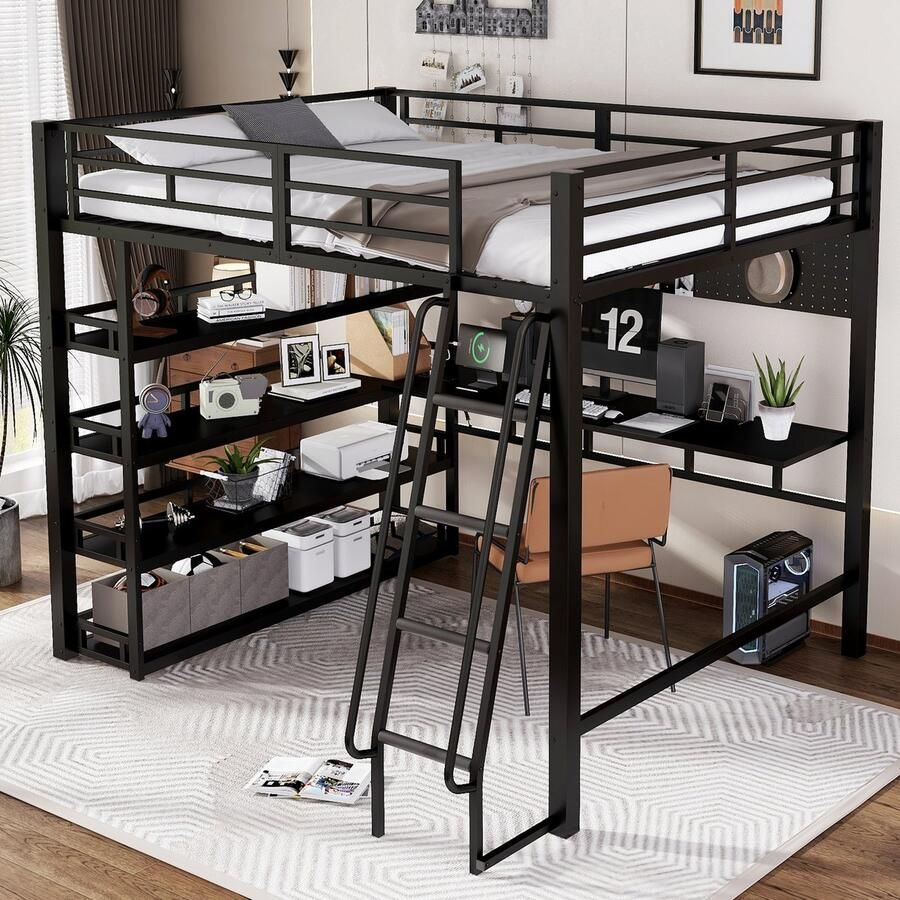 PHOEBE CAT Hoogslaper 140x200cm Bureau Opbergruimte USB-poorten IJzer + spaanplaat Zwart