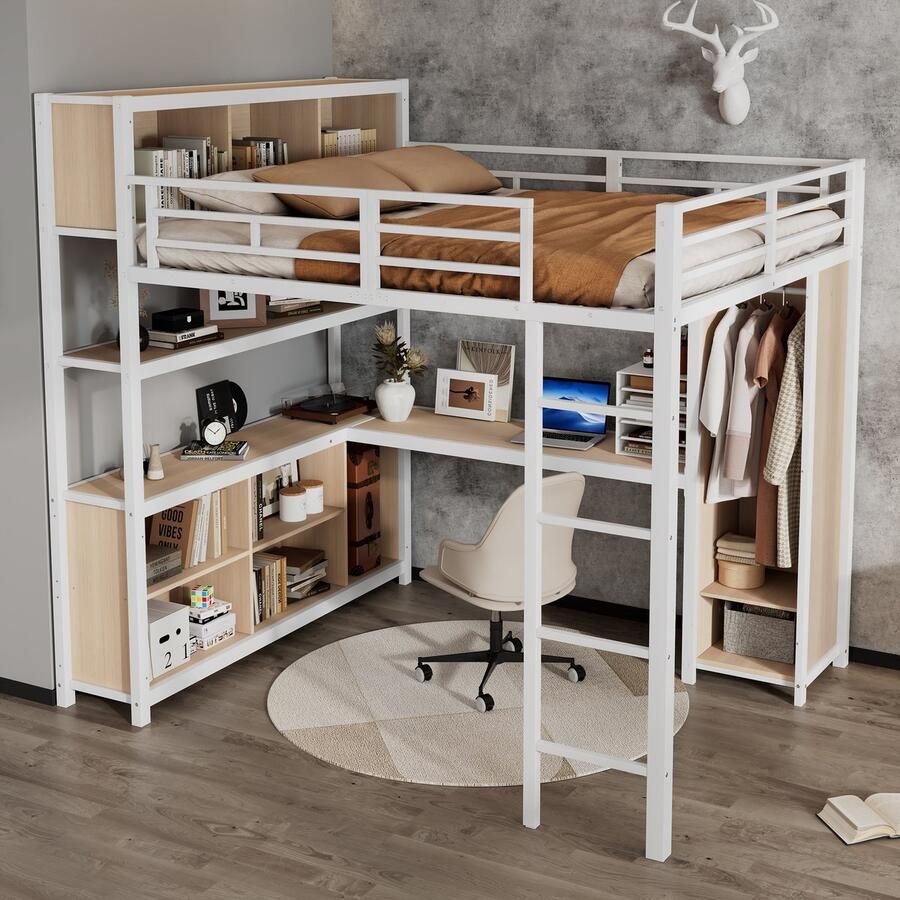 PHOEBE CAT Hoogslaper 140x200cm met Bureau Opbergruimte Kledingkast IIjzer + Spaanplaat Wit