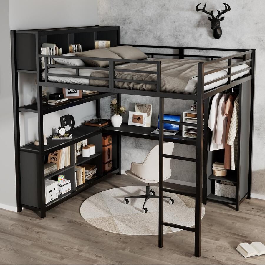 PHOEBE CAT Hoogslaper 140x200cm met Bureau Opbergruimte Kledingkast IIjzer + Spaanplaat Zwart