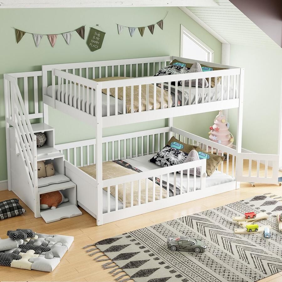 PHOEBE CAT Hoogslaper 140x200cm Opbergtrap Houten kinderbed Veiligheidshekken Wit