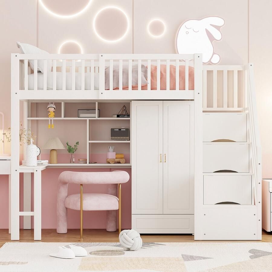 PHOEBE CAT Hoogslaper 90 x 200 cm Kinderbed Met kledingkast Planken Bureau Wit