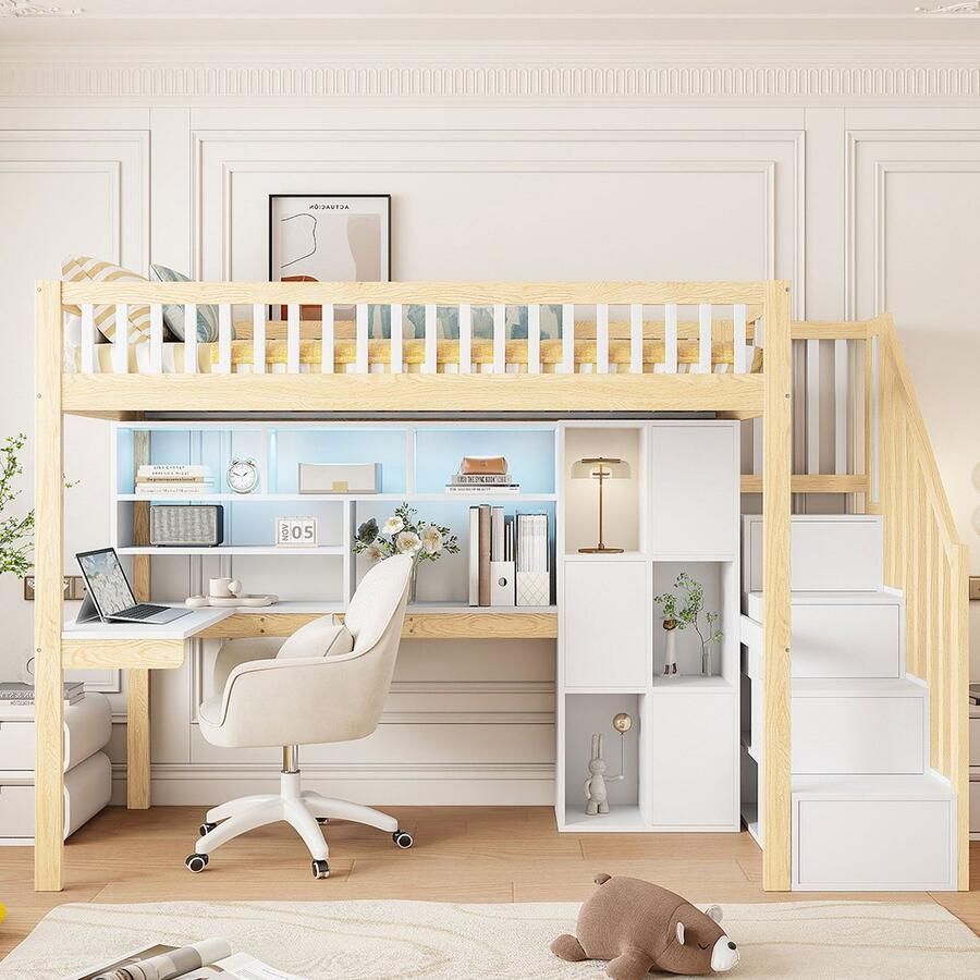 PHOEBE CAT Hoogslaper 90 x 200 cm LED-verlichting Opbergruimte Bureau Wit + Natuurlijke