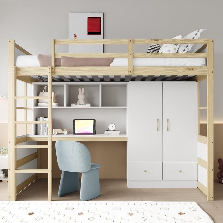 PHOEBE CAT Hoogslaper 90 x 200 cm met Boekenplank en Bureau Kledingkast Lades Kinderbed Natuurlijk