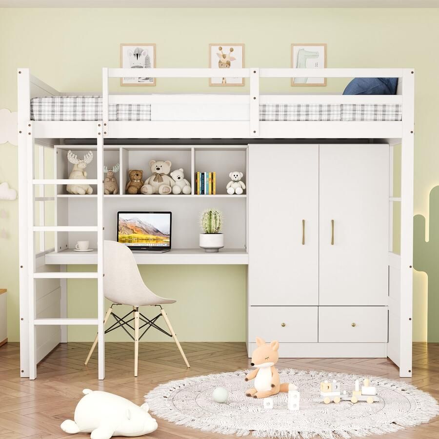 PHOEBE CAT Hoogslaper 90 x 200 cm met Boekenplank en Bureau Kledingkast Lades Kinderbed Wit