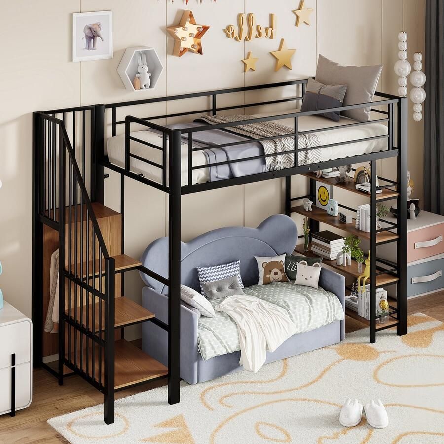 PHOEBE CAT Hoogslaper 90×200 cm Kledingkast Opbergplanken Metalen bed Zwart (Zonder bank)