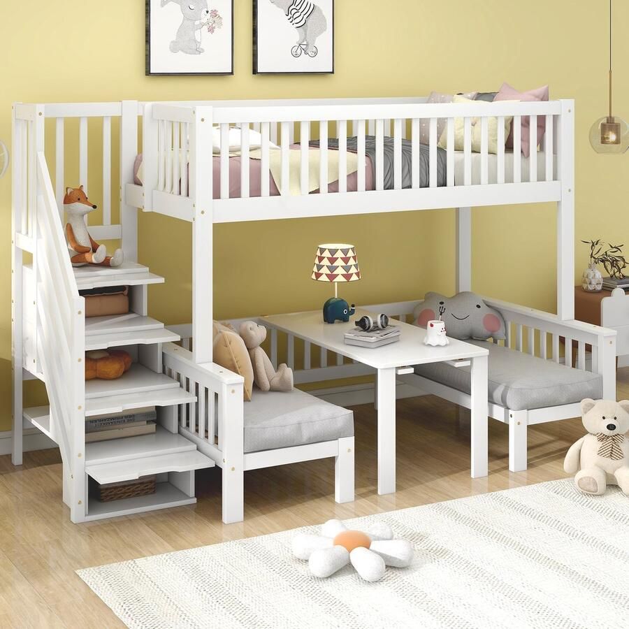 PHOEBE CAT Hoogslaper 90x200 & 120x200 cm Kinderbed Verstelbaar bureau Opbergruimte Wit