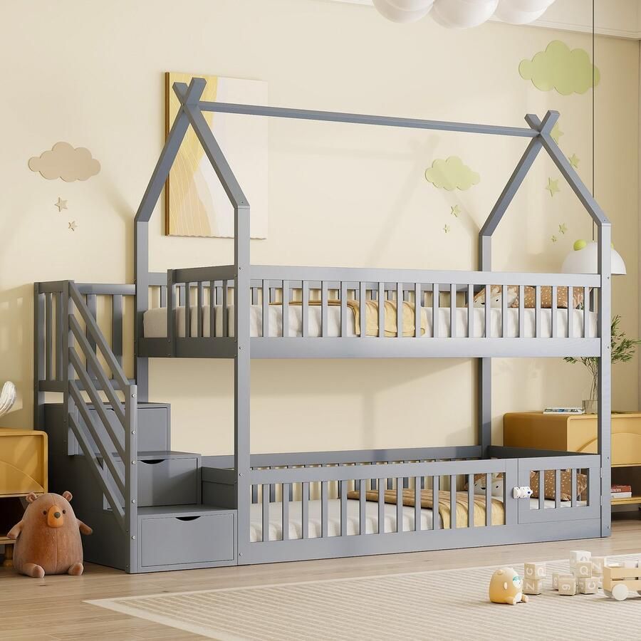 PHOEBE CAT Hoogslaper 90x200cm Houten kinderbed Opbergtrap Huisbed Grijs