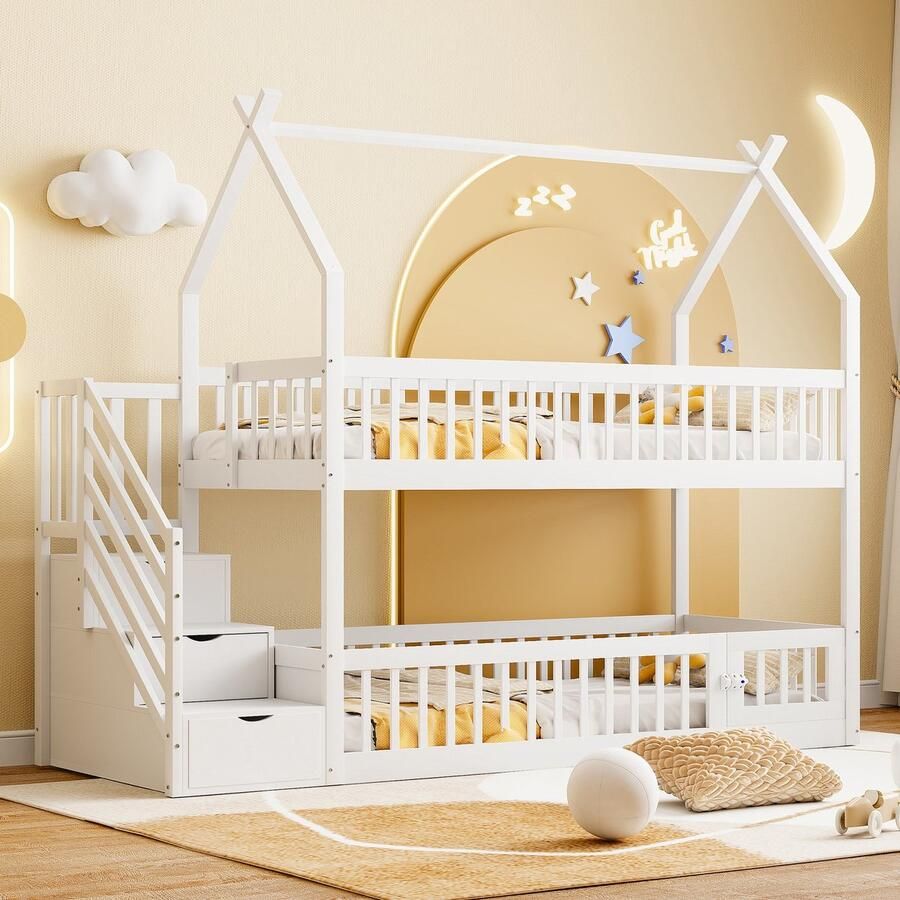 PHOEBE CAT Hoogslaper 90x200cm Houten kinderbed Opbergtrap Huisbed Wit