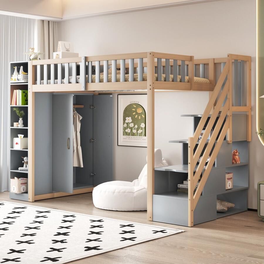 PHOEBE CAT Hoogslaper 90x200cm Kinderbed Met opbergplank Kledingkast Grijs + Natuurlijke