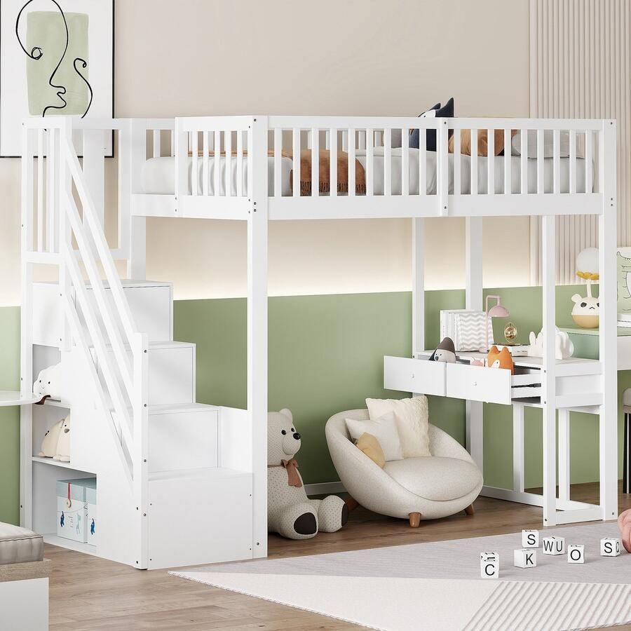 PHOEBE CAT Hoogslaper 90x200cm Met bureau 2 lades Massief hout + MDF Kinderbed Wit